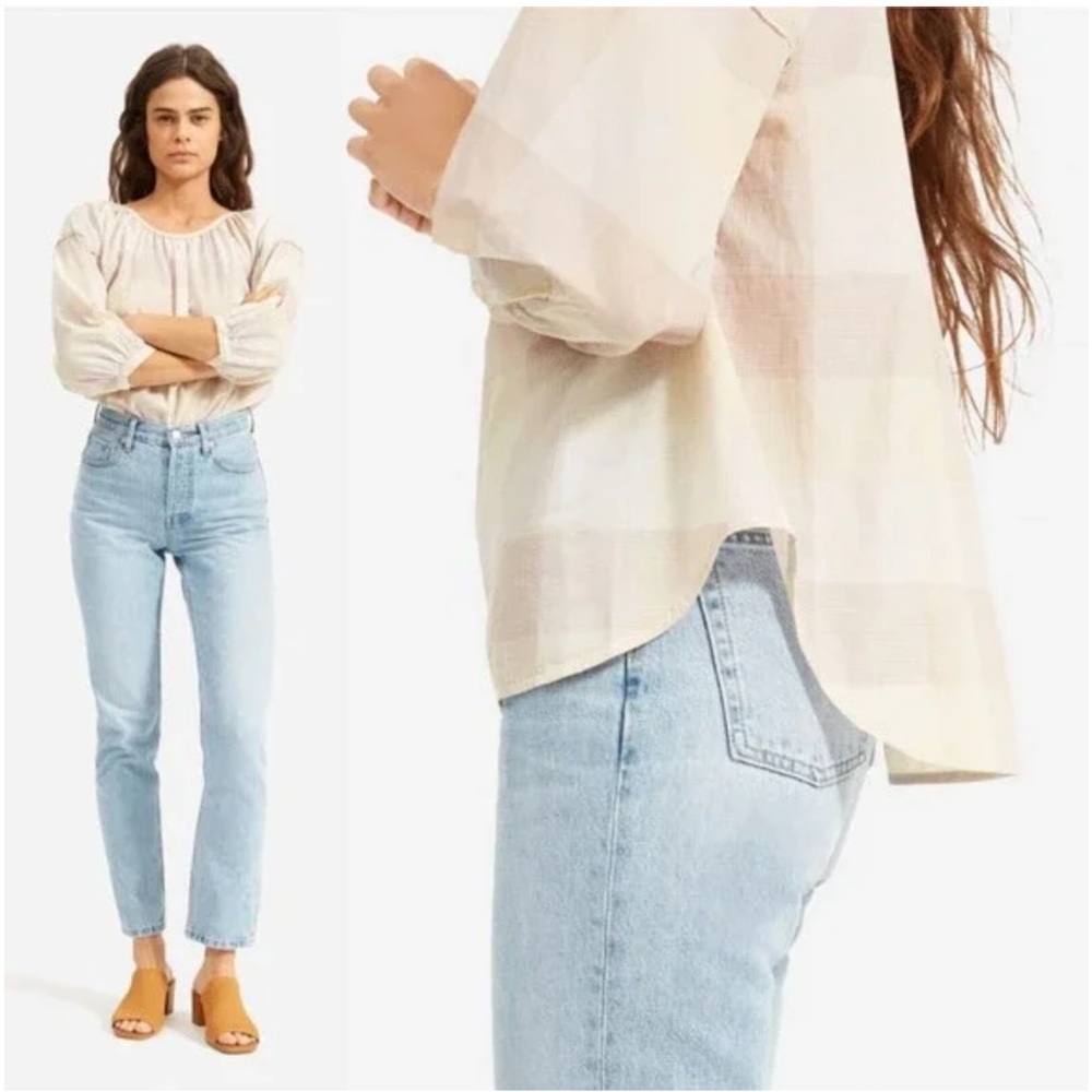 *Everlane The Ruched Air Blouse in Toffee Plaid Women’s Sz 6 Lightweight Neutral